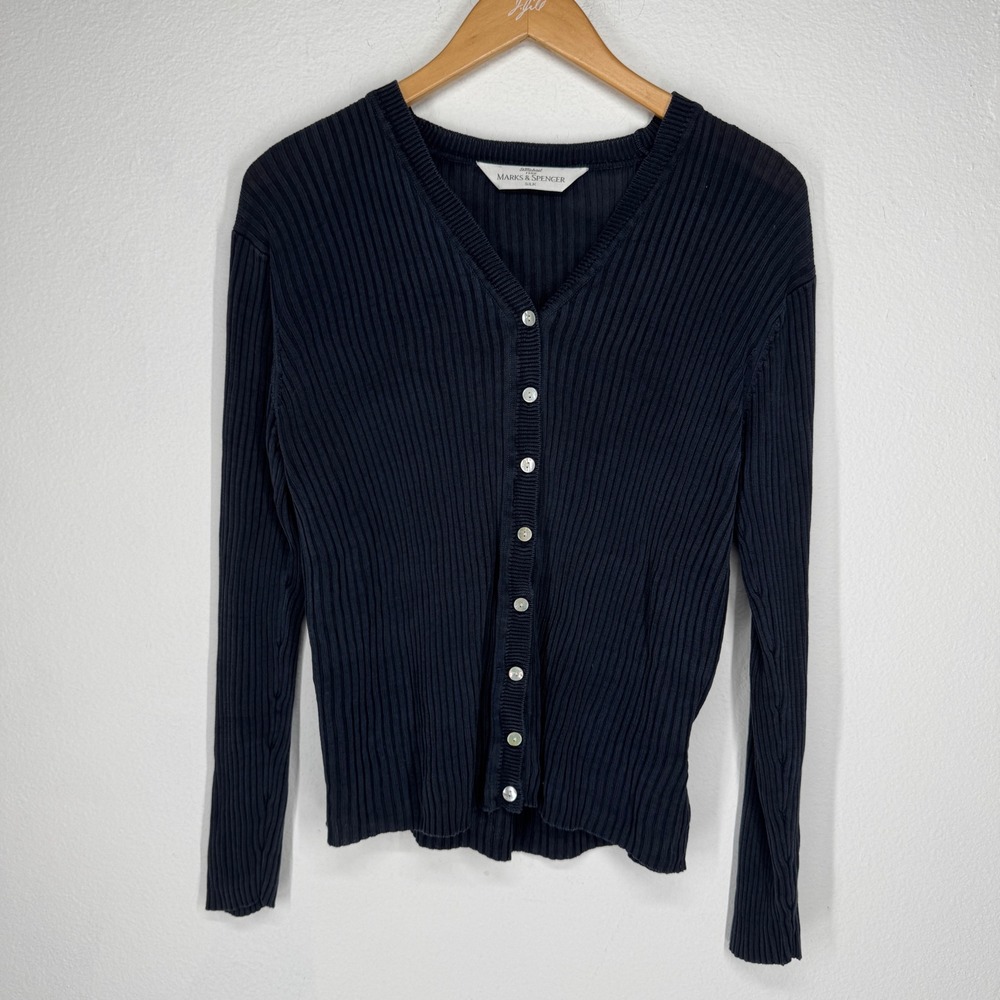 Marks & Spencer St Michael Vintage 100% Silk Ribbed Cardigan Navy Blue Medium